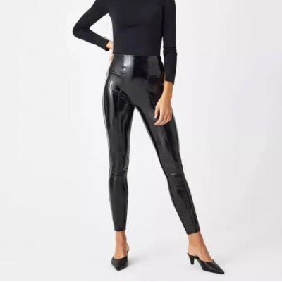 SPANXshape Classic Black Faux Leather Patent Shiny Shaping Leggings Size Large